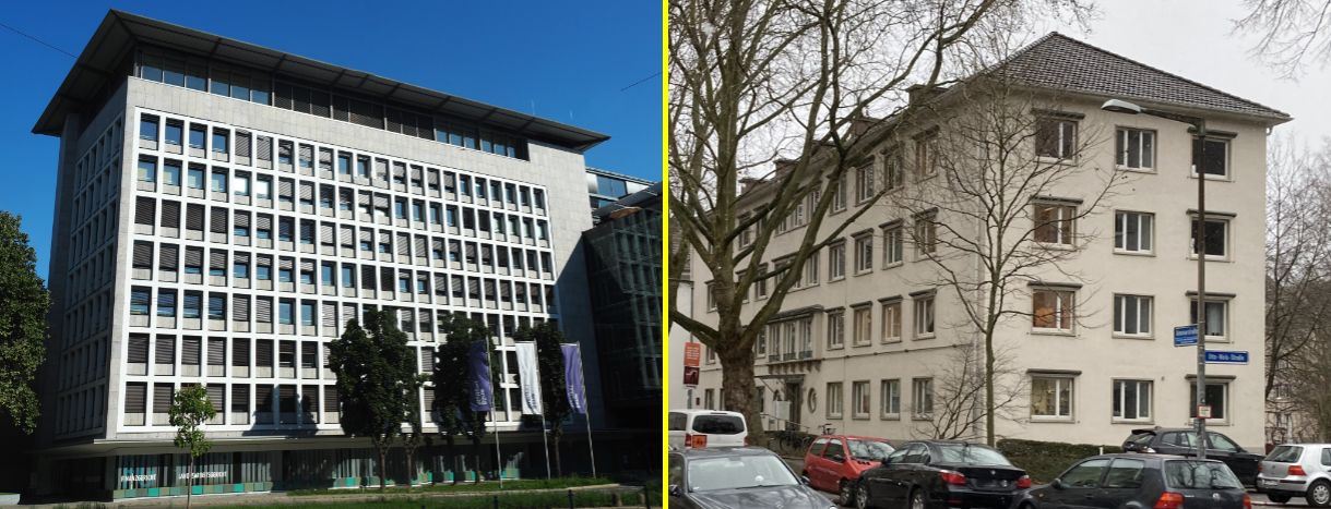 Das Bild zeigt links das Gerichtsgebäude in Stuttgart und rechts das Gerichtsgebäude in Freiburg